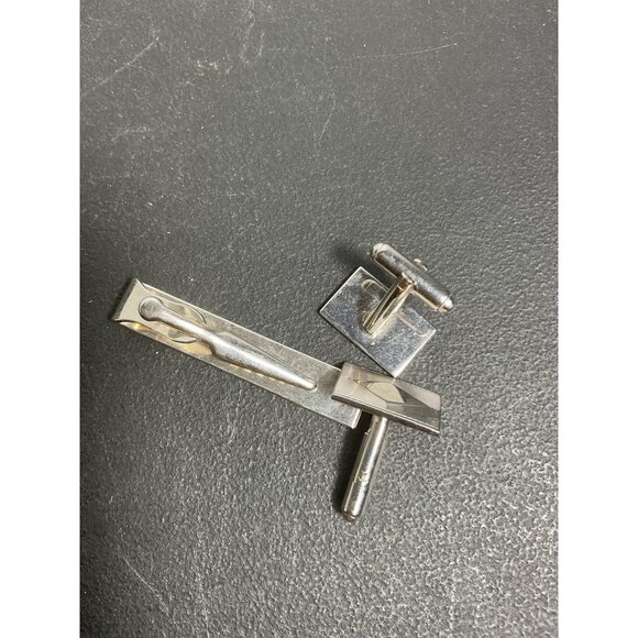 Vintage Silver Tone Tie Clip & Cufflinks Set - Picture 2 of 2
